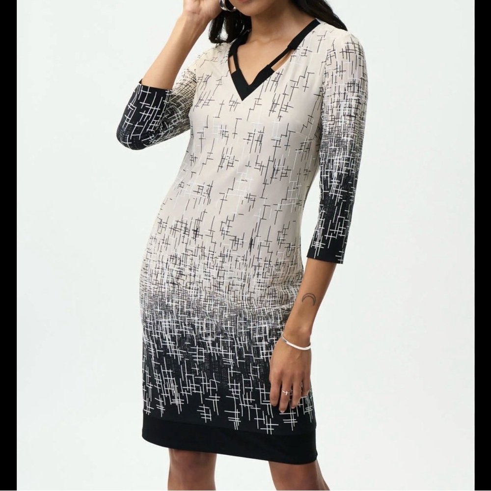 New Joseph Ribkoff V Neck Shift Dress Black Sand Grid Print
